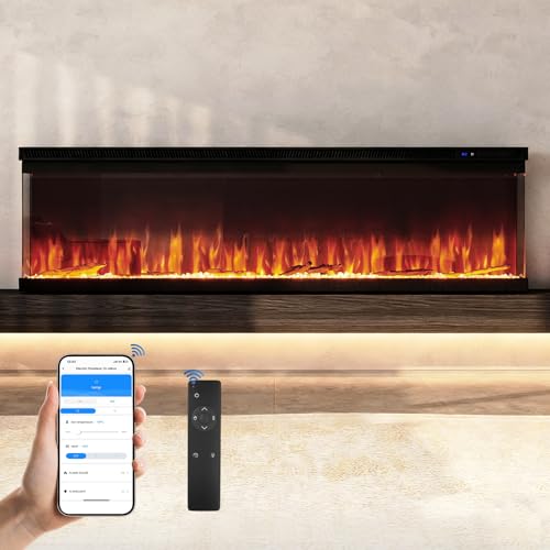 60 inch 3-Sided Wall Mount Electric Fireplace, Recessed & Built-in Design with Wi-Fi/Remote, 1500W Heater, 12 Flame Colors, ETL Listed, for Living Room