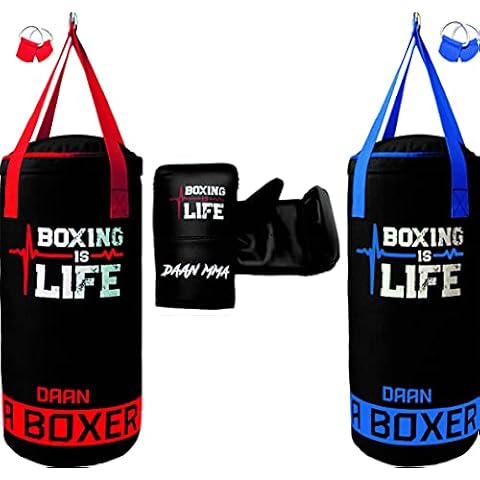 DAAN MMA Kids Punching Bag Set with Free Boxing Gloves Training Muay Thai Fitness Workout Kickboxing Grappling Thai Sparring Karate Taekwondo Exercise and Fitness - 55cm UNFILLED (Red) Cover