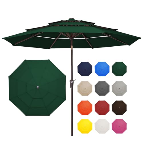 Image of JEAREY 9FT 3 Tier Patio Umbrella Outdoor Market Umbrella Table Umbrellas with 8 Ribs 1.5 Pole Push Button Tilt and Crank UV Protection for Garden,Dark Green
