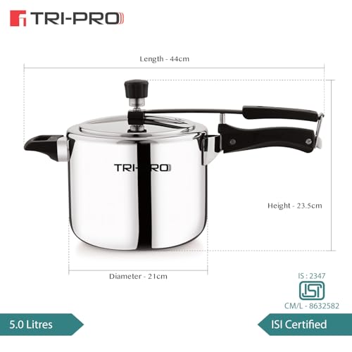 Image of Bergner TriPro Tri-Ply Stainless Steel 5 L Inner Lid Pressure Cooker, Bakelite Safe Grip Handle, Triply Bottom, Healthy Cooking, Even and Faster Heating - Induction and Gas Stove Ready