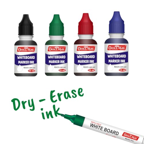 Image of Soni Officemate Whiteboard Marker Combo- Mix | 4 Markers + 4 Inks | Smooth Writing | Black, Blue, Red, Green | 4.43 mm Tip