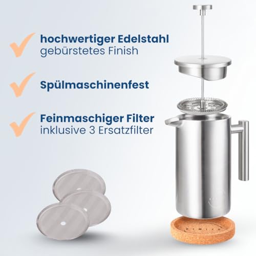KIMIJO French Press Edelstahl 1000ml I Thermo Kaffeebereiter isoliert I Doppelwandig incl. 3 Ersatzfilter & Korkuntersetzer I Spülmaschinenfest I Stempelkanne matt gebürstet 4
