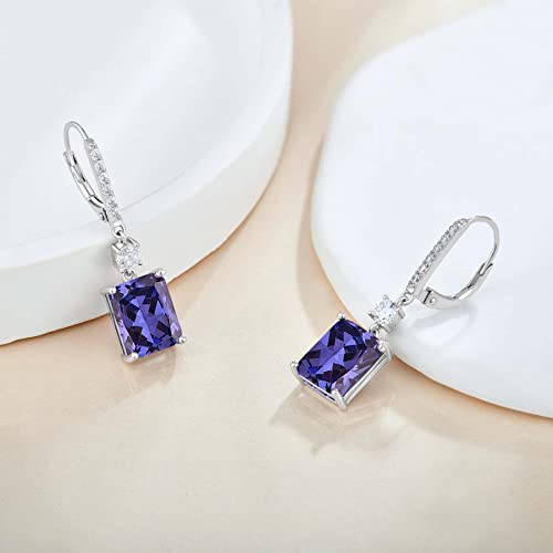 Sterling Silver Crystal Leverback Earrings - Guesma 10X8Mm Dangle Earrings For Women Trendy Tanzanite Cushion Cut Created Birthstone - Wedding Earrings Jewelry For Evening Wear #TOP2