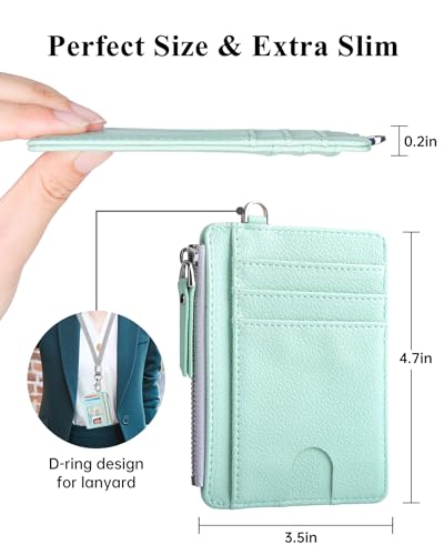 Image of Teskyer Slim RFID Wallet for Women, Small Card Holder with Zip Pocket, Light Green, 3.5 inch x 4.7 inch, Minimalist | Zip Pocket for Cash Coin, 1 ID Window & 7 Card Slots, Ultra Slim Design, D-Ring for Neck Lanyard, for Daily Carry and Travel