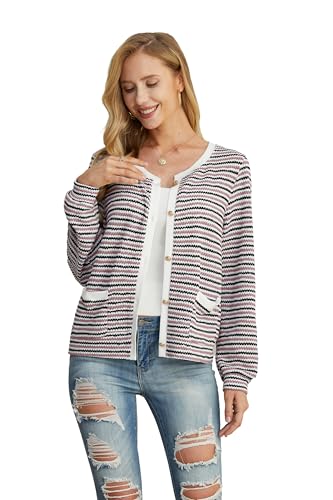 Image of Women's Mauve Casual Dressy Stirped Cardigan with Patch Pocket Sweaters Crew Neck Lady Lightweight Jacket 2024 Fall Winter Size XXL