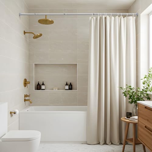 Image of MEXAU 1 Pack Spring Tension Curtain Rod 31-62 In Silver Shower Curtain Rod | Adjustable Spring Tension Rods No Drilling for Window Closet Kitchen Wardrobe Bathroom, Non Slip Tension Rods ,7 /8 inch Diameter