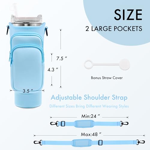 Image of Water Bottle Carrier Bag with Phone Pocket for Stanley Cup 40 /30 oz, Water Bottle Holder with Adjustable Strap& Straw Cover, Stanley Cup Accessories (Blue)
