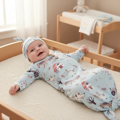 Image of AMAWMW Newborn Baby Boys Girls Cartoon Sleeper Gown Long Sleeve Mountain Nightgown Hat Outfits