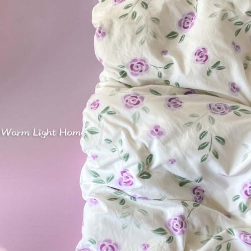 Image of Nayoroom Purple Floral Duvet Cover Queen Size Rose Flower Botanical Leaves Printed on White Duvet Cover 3 Pieces Soft Lightweight Microfiber Cottagecore Bedding Set