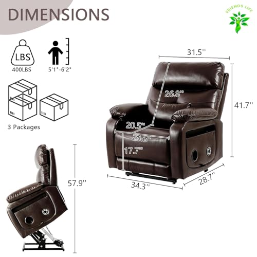 Image of Motorized Power Lift Recliner Chair for Adult & Elderly, Position Lay Lift Chair, Cup Holder, Lumbar Pillow, Wireless Charger, Leather (Brown)