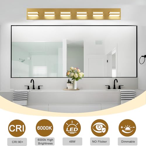Image of IZORRO LED Modern Bathroom Lights Fixtures(6-Light,Dimmable,360Rotate),Brushed Glod Acrylic Wall Lighting,Vanity Lights for Bathroom Over Mirror - 6000k 36In (No Assembly Required)