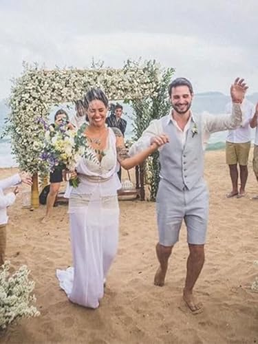 Men Linen Suit 2 Piece Slim Fit Suit for Casual Summer Beach Wedding Party Vest Short Pants3