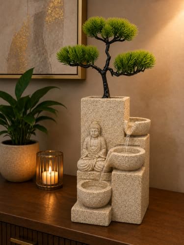 Image of eCraftIndia Buddha Bonsai Tabletop Water Fountain for Home Decor, Indoor Cascading Waterfall Fountain with Buddha Statue & Decorative Tree, Living Room, Bedroom, Office & Meditation Decor