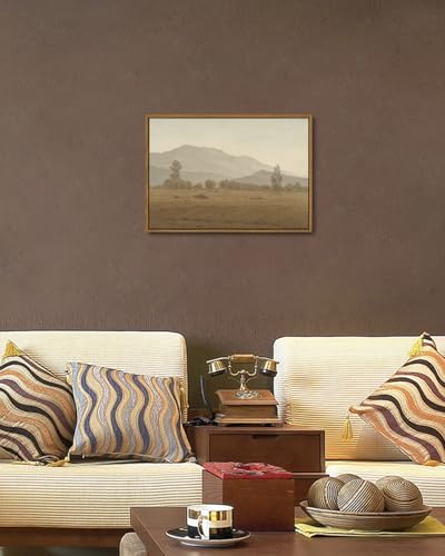 Image of KISSFOX Vintage Landscape Framed Wall Art Grassland Mountain Canvas Wall Art Minimalist Neutral Farmhouse Serene Countryside Paintings Artwork Rustic Art Prints For Bedroom Living Room
