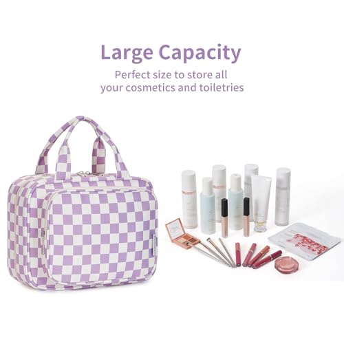 Image of Narwey Large Hanging Toiletry Bag Travel Makeup Bag Cosmetic Organizer for Women and Girls, Z-Purple Checkerboard, Medium