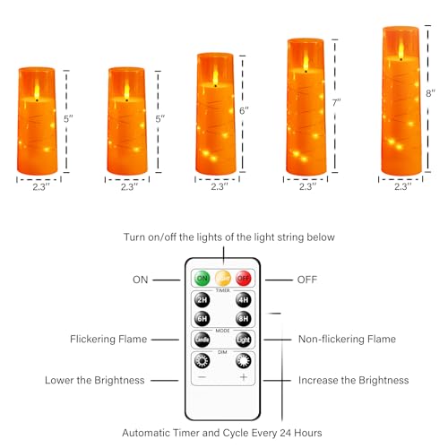 Flameless LED Candles with Timer 5 Pc Flickering Flameless Candles for Romantic Ambiance and Home Decoration Stable Acrylic Shell,with Embedded Star String,Battery Operated Candles(Orange)