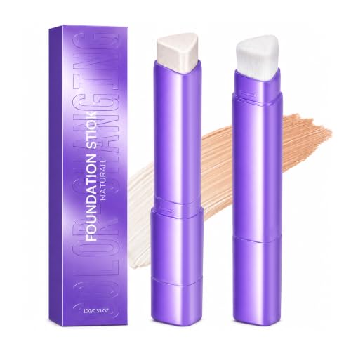 2Pcs Foundation Stick,2-in-1 Color Changing Foundation Stick with Brush – Natural Finish, Buildable Coverage, Moisturizing Long-Lasting Makeup for Mature Skin & All Types