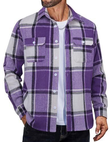 COOFANDY Mens Flannel Shirt Regular Fit Checkered Shirts Lightweight Overshirt with Pockets