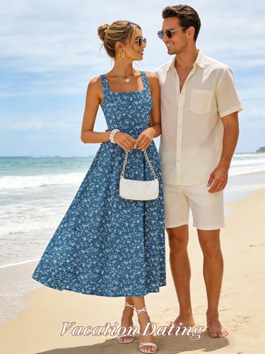 Image of Sureple Midi Dresses for Women 2026 Spring Square Neck Tank Sleeveless A Line Casual Summer Sundresses with Pockets