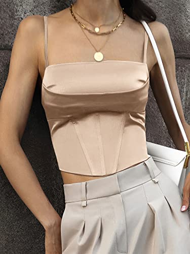 Vnira Women's Corset Top Sexy Y2K Crop Tops Going Out Sleeveless Bustier Satin Lace Up Zip Spaghetti Strap Tank Tops Khaki S #TOP3