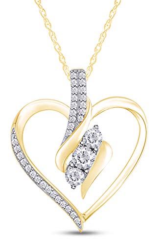 AFFY 1/4cttw Round Cut White Natural 3 Stone Diamond Heart Pendant Necklace in 14K Yellow Gold Over Sterling Silver (0.25 Ct) with 18