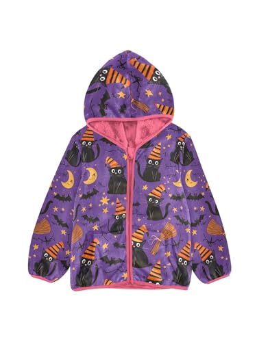 Purple Halloween Cat Bat Girls Fleece Jacket Girls Jacket Girl Coats Zip Up Hoodie Children Outerwear 2-3T