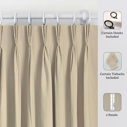 Image of Triple Pinch Pleated Blackout Curtains Thermal Insulated Room Darkening Curtains for Bedroom /Livingroom Pack of 2 Panels, Tiebacks, Hooks (Beigee)