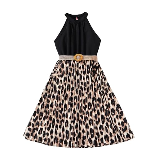 Girls' Leopard Print Sleeveless Dress Sleeveless Hanging Neck Dress with Belt Decoration 8-12 Years