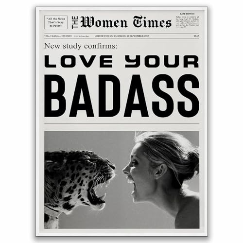Badass Women Poster Newspaper - Empowering Woman Wall Art - Retro Black and white Newspaper Feminist Poster Motivational Affirmation Apartment Bedroom Wall Decor 12x16in Unframed