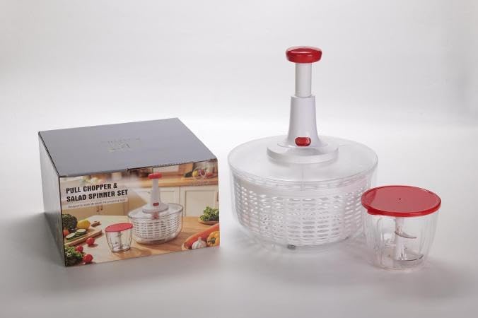 2 In 1 Salad Spinner Fast Dry with Mini Food Chopper, Hand-Powered, Red, 2-Piece Kitchen Set (red)