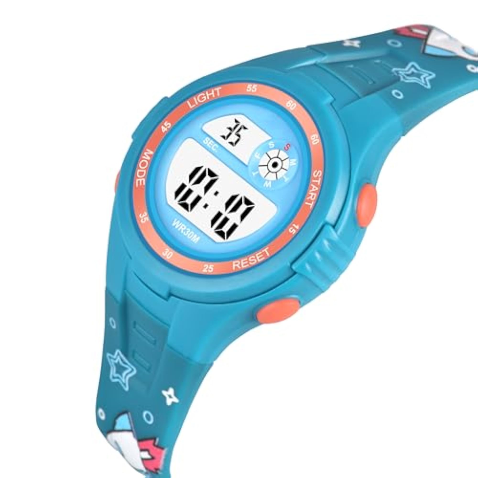 Unisex Round Printed Star Digital LED Multifunctional Watch, Blue Strap