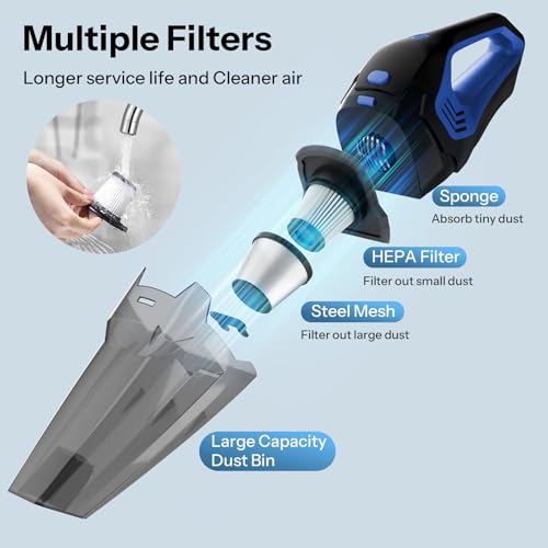 Image of UN1QUE Cordless Vacuum Cleaner for Car Use | Home Use, 8000Pa Suction Portable Rechargeable Car Vacuum Cleaner 2 in 1 with Steel Mesh Filter, 650ML Dustbin, 4 Nozzles, USB Rechargeable (Blue)