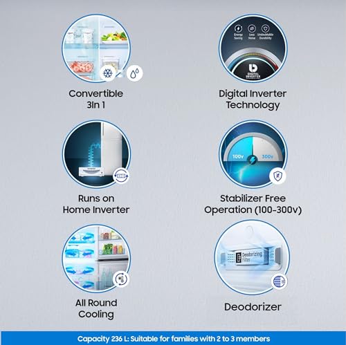 Image of Samsung 236 L, 2 Star, Convertible, Digital Inverter, with Display Frost Free Double Door Refrigerator (RT28C3742S8 /HL, Silver, Elegant Inox)