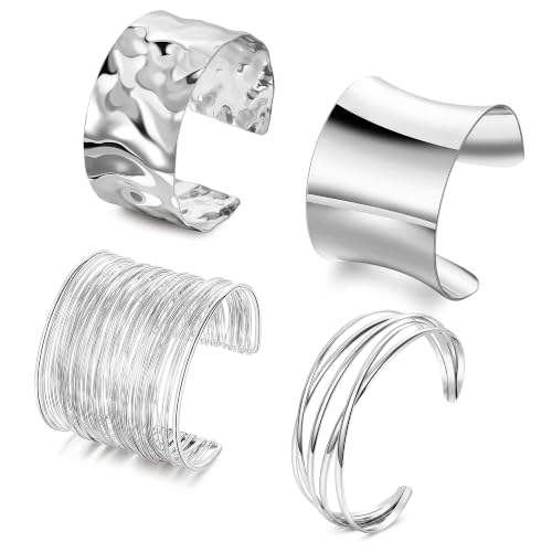 Vegolita 4PCS Chunky Cuff Bracelets for Women Open Wide Bangle Gold/Silver