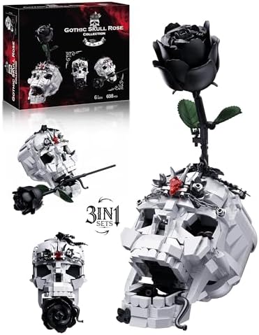 ONIMISC Skull Black Rose Flower Building Set, 3 in 1 Gothic Horror Decor Botanical Artificial Flowers Collection Toys, Ideal Home Office Decoration & Christmas Valentine's Day Gifts for Adults, Women