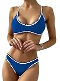 ZAFUL Women's Tie Back Padded High Cut Bralette Bikini Set Two Piece Swimsuit (2-Blue, M)