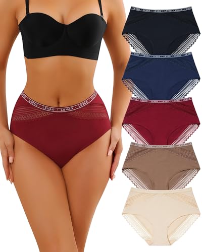 Levao Culotte Femme Coton Slip Féminins Taille Haute Dentelle sous-Vêtements Doux Confort Feminins Panties Shorty Lot De 5 S-XXL