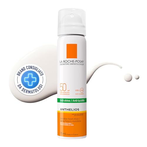 La Roche Posay Anthelios, Spray Viso Invisibile SPF50+, Per Tutti i Tipi di Pelle, Azione Protettiva Anti-UVA e UVB, Effetto Opacizzante, Con Glicerina e Acqua Termale, 75 ml