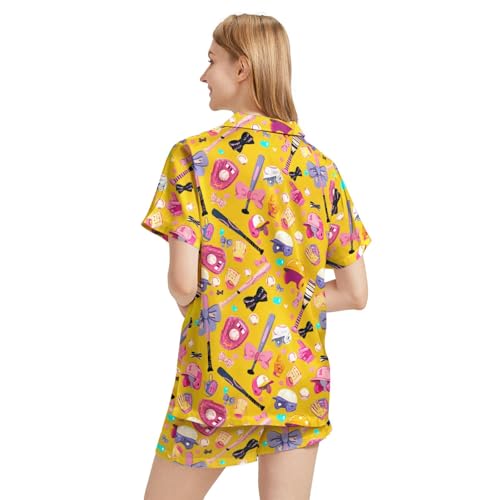 Image of Funny Satin Pajamas Set for Women Button Down Sleepwear Print Pjs Set 2 Piece Short Sleeve Loungewear Gift for Women