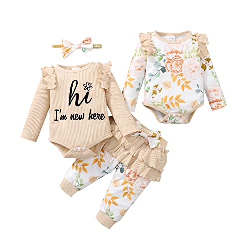 Borlai Conjunto de ropa para niña bebé, mameluco floral con volantes de manga larga, pantalones, banda para la mano, conjunto de ropa de 4 piezas Cover