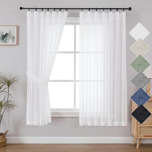 Aiyufeng White Pinch Pleated Faux Linen Curtains 63 Inch Length 2 Panels for Dining RoomBedroom, Semi Sheer Pleat Drapes with Hooks Rings, Light Filtering Window Curtain, W40xL63