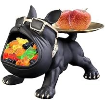 Big Mouth French Bulldog Storage Statue, Resin Large Dog Butler Statue with Tray, Key Holder Candy Jewelry Tray Bulldog Sculpture for Home Office Entrance Black
