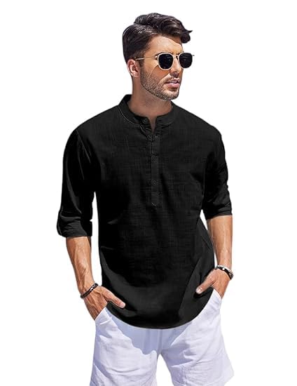 Image of Bellstone Men's Cotton Blend Straight Kurta Shirt Combo with Mandarin Collar - Slim Fit Casual Short Kurti Set Featuring Textured Slub Fabric and Roll-Up Full Sleeves