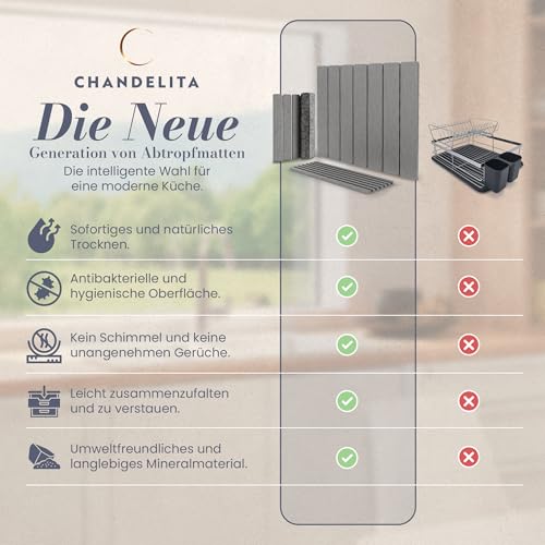 Chandelita Abtropfmatte Stein aus Diatomit – Faltbar 40×30 cm mit 30×10 cm Abtropfgestell & 2 Schleifpads – Stone Drying mat Kitchen, Schnell Trocknend, Antibakteriell, Rutschfest für Küche und Gläser