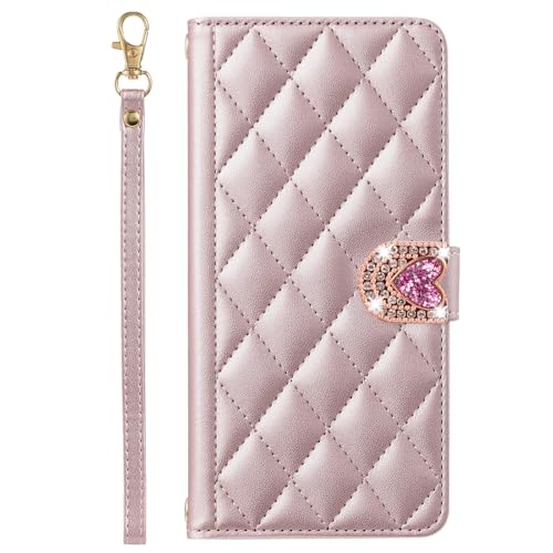 Custodia Compatibile con OPPO A52/OPPO A92/OPPO A72 Cover Rosa Gold Rombico Leather Case Shell Wallet PU Phone Portafoglio Rhinestone Brillantini 3D Amorevole Tappo Bling Glitter Phone Cover