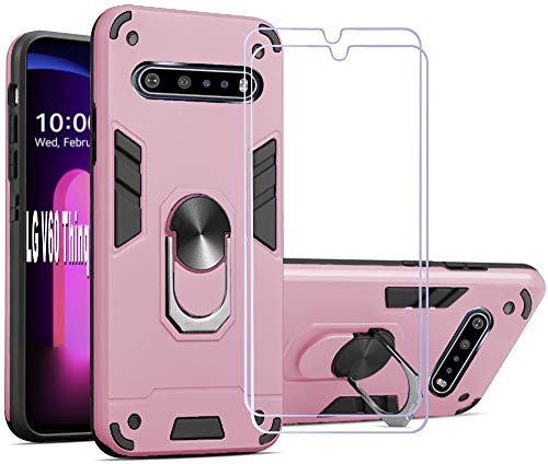 Folmeikat Compatible with LG V60 Thinq/ V60 Thinq 5G/G9 Thinq Case,Screen Protector [2Pack] 360 Degree Rotating Metal Ring Slim Shock Absorption Reinforced Corner Soft TPU Silicone 6.8' (Rose Gold)
