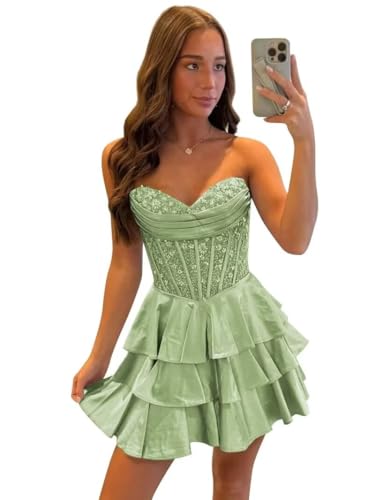 Homecoming Dresses 2025 Short Corset Prom Dress for Teens Strapless Satin Lace Tiered Cocktail Party Gown