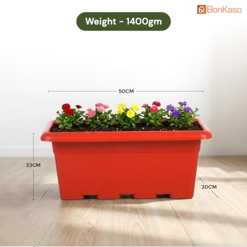 Image of Bonkaso 20 Inch Rectangular Planter, Set of 3 |UV Resistant Plastic Flower Pot for Balcony Railing, Window Sill & Terrace Garden | Rectangular Indoor & Outdoor Plant Pot, Terra Red