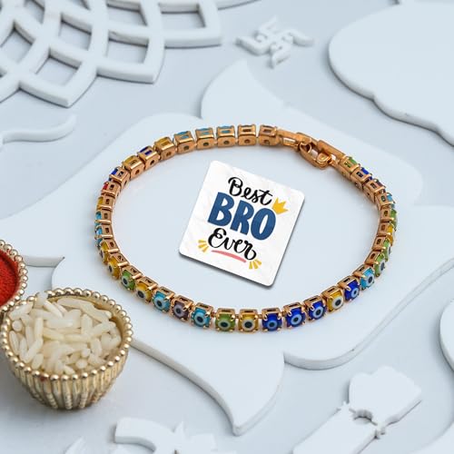 Image of eCraftIndia Multicolor Evil Eye Bracelet Rakhi with Best Bro Ever Fridge Magnet | Designer Rakhi for Brother Bhaiya Bhai Bhabhi | Roli Chawal Pack