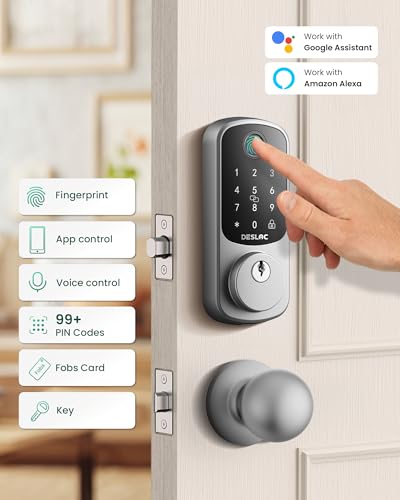 Image of DESLOC B200 Fingerprint Smart Lock with 2 Knobs, Keyless Entry Front Door Lock Set, Electronic Keypad Deadbolt, App Control, Auto Lock, Long Battery Life,Silver